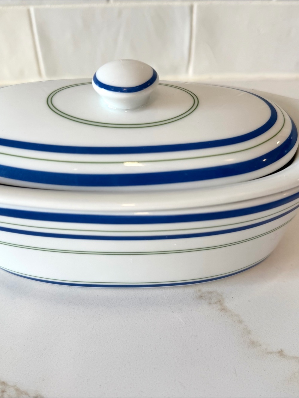 Silvermark 9 in Oval Covered Butter Boat Dish 3 piece White Blue Green Striped